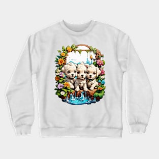 Three White Puppies playing in the mystic garden Crewneck Sweatshirt